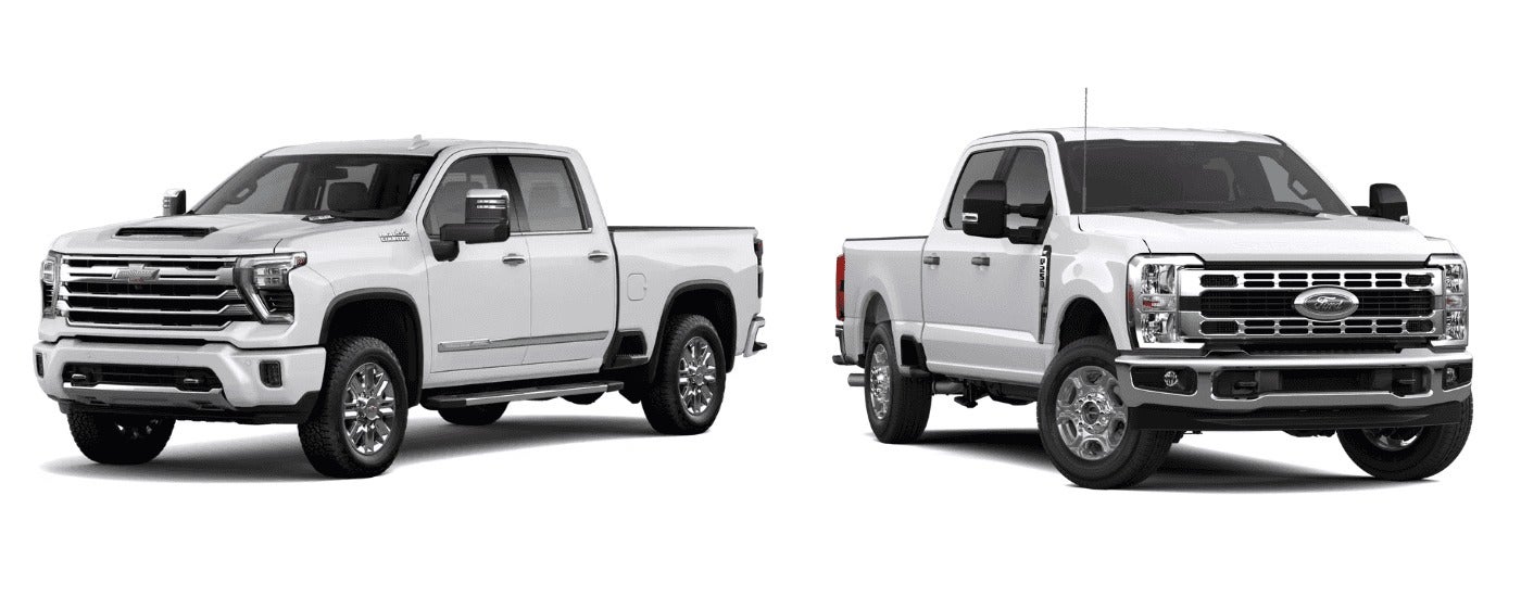 White 2026 Chevy Silverado 2500 HD vs white 2026 Ford F-250