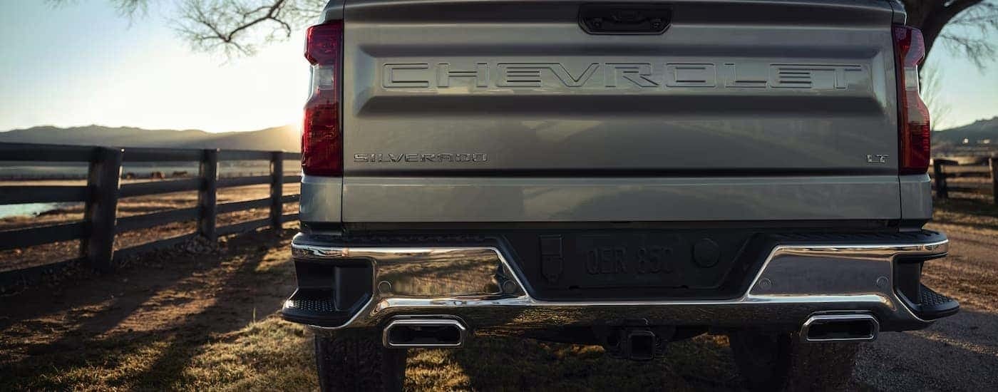 Rear tailgate on a gray 2026 Chevy Silverado 1500